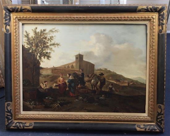 18th century Flemish School Vegetable sellers beyond the walls of a monastery 24 x 33in.
